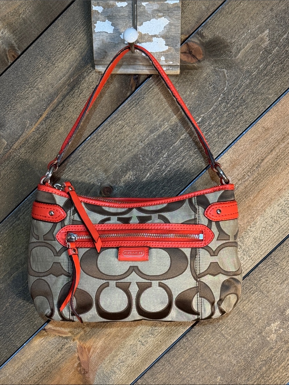 Coach Daisy Signature Canvas Shoulder Bag with Orange Trim